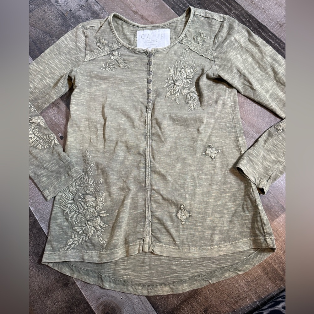 CAITE Olive Embroidered Top‎ Boho Artisan Cottagecore XS